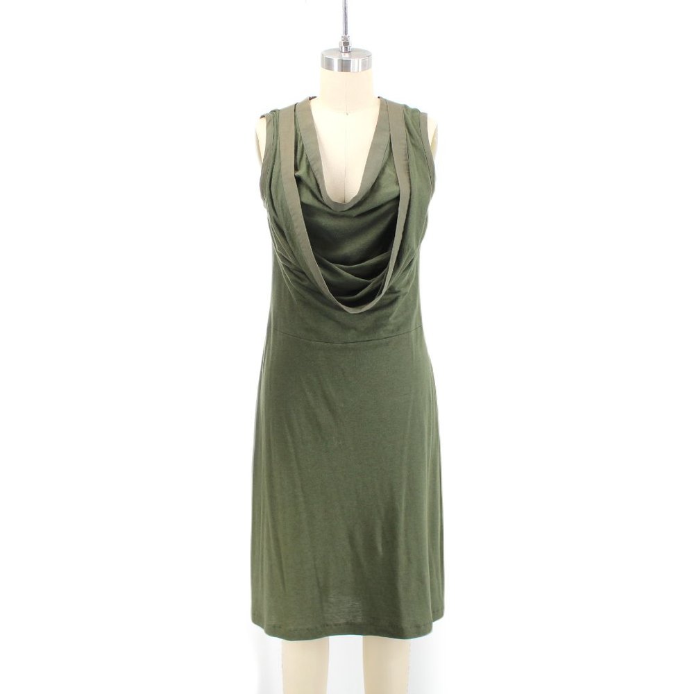 Gary Graham Green Knit Dress SZ 6 Wool Cotton Sleeveless Cowl Neck Layered Shift - Picture 3 of 12